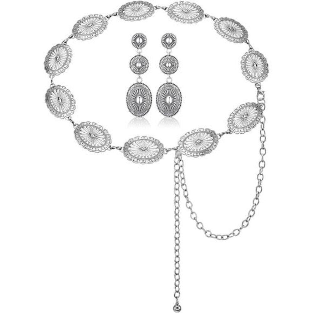 Western Concho Belt & Earring Set – Vintage Silver-Tone Rodeo Style Cowgirl